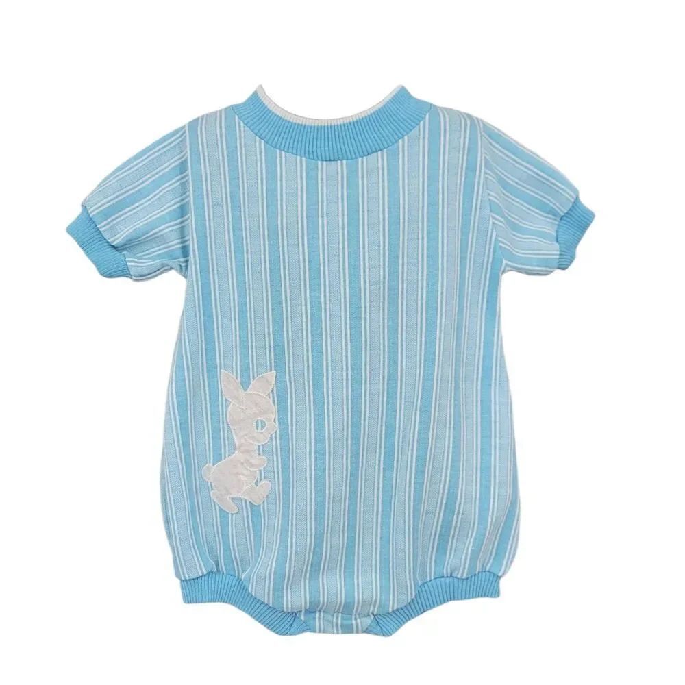 Healthtex Vintage Light Blue Striped Bubble Romper Bodysuit with Bunny 70s 80s